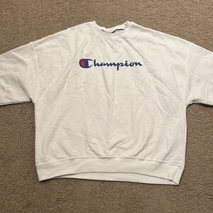 Champion Mens Crewneck Sweatshirt White Embroidered Blue Logo Size L